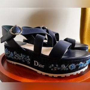 Dior Prairie Embroidered Denim Platform Sandals Blue
